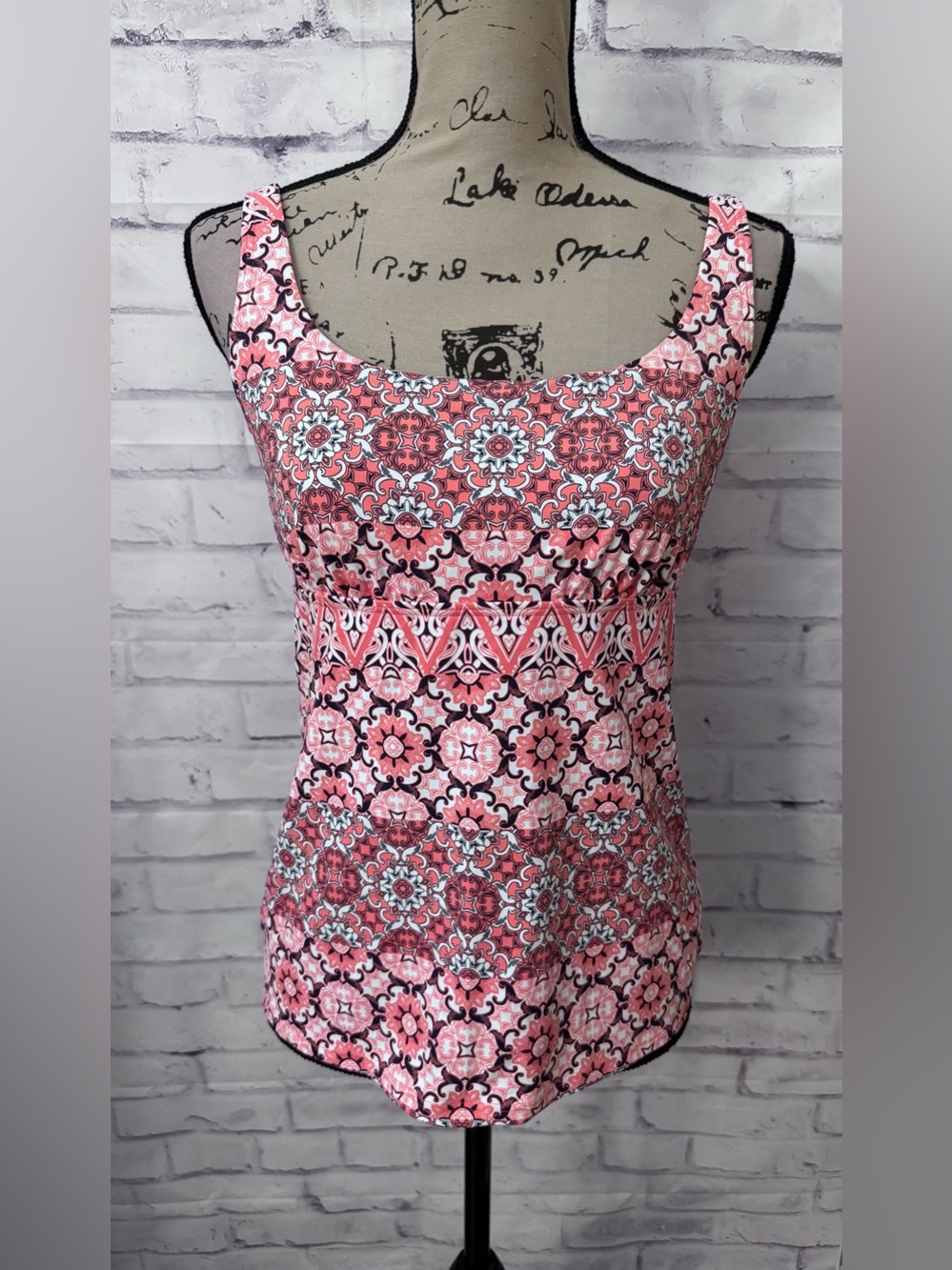Lands' End 8 Square Neck Underwire Tankini Swimsuit Top Coral Blue Damask Modest